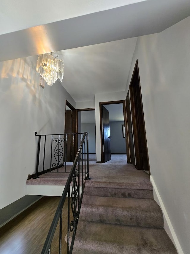 stairway with hardwood / wood-style flooring and a chandelier