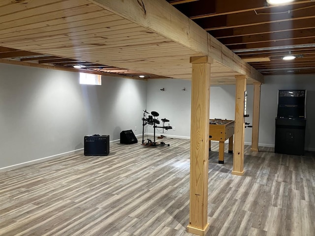 basement with hardwood / wood-style floors