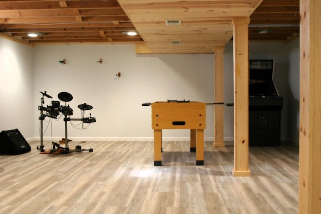 rec room with hardwood / wood-style floors and wood ceiling