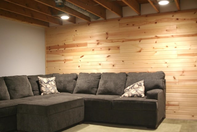 living room featuring wooden walls