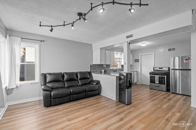 living room featuring sink, a textured ceiling, and light wood-type flooring