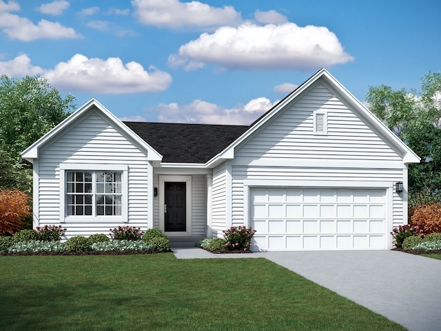 ranch-style house with a garage and a front lawn