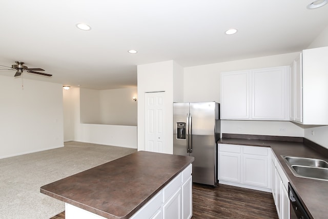 kitchen with stainless steel refrigerator with ice dispenser, sink, white cabinetry, dishwasher, and ceiling fan