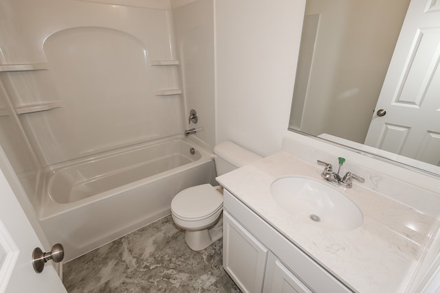 full bathroom with bathing tub / shower combination, vanity, and toilet