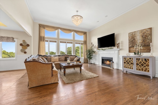 living room featuring an inviting chandelier, crown molding, wood-type flooring, and plenty of natural light