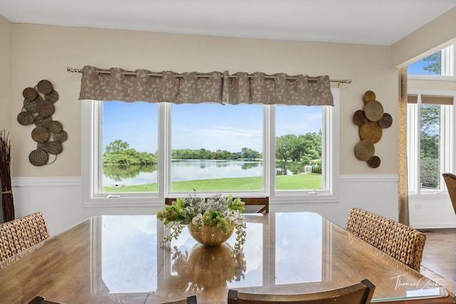 dining space featuring plenty of natural light and a water view