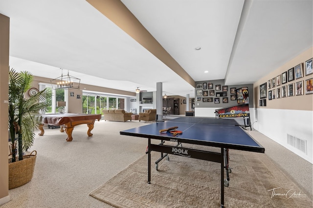 playroom with carpet, pool table, and ceiling fan