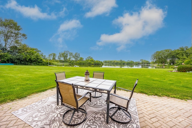 view of patio / terrace featuring a water view