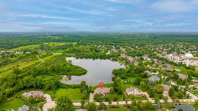 bird's eye view with a water view