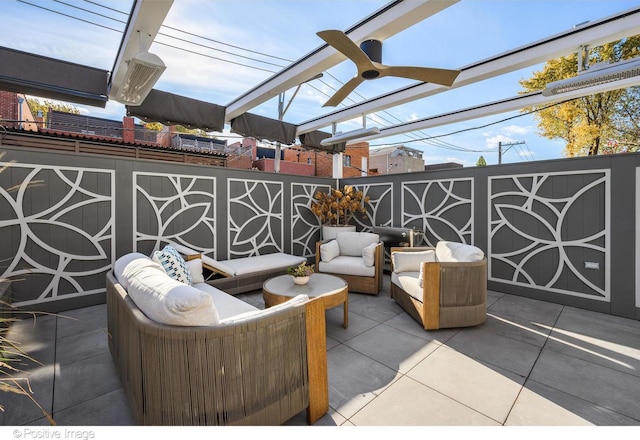 view of patio with ceiling fan, outdoor lounge area, and a pergola