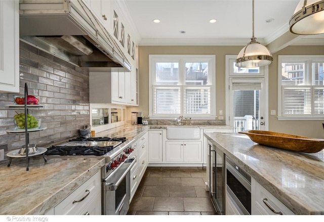 kitchen with sink, custom exhaust hood, stainless steel appliances, and white cabinets