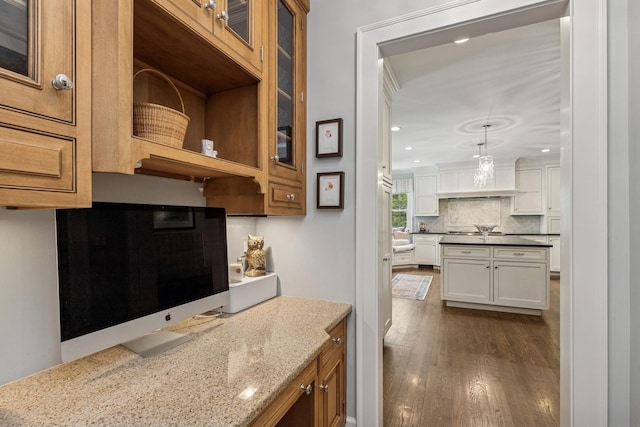 621 E Prospect Ave, Lake Bluff, IL 60044 - kitchen with dark wood-type flooring, white cabinetry, decorative backsplash, glass insert cabinets, and recessed lighting