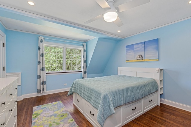 621 E Prospect Ave, Lake Bluff, IL 60044 - bedroom featuring baseboards, dark wood-type flooring, recessed lighting, ceiling fan, and crown molding