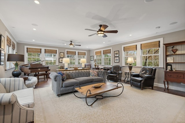 621 E Prospect Ave, Lake Bluff, IL 60044 - living area featuring crown molding, wood finished floors, recessed lighting, a ceiling fan, and baseboards
