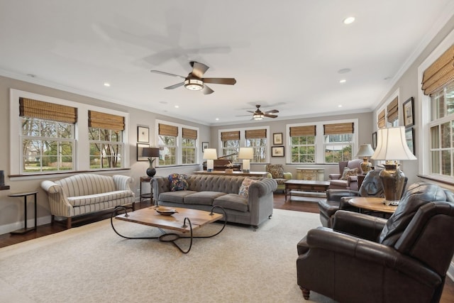 621 E Prospect Ave, Lake Bluff, IL 60044 - living room with healthy amount of natural light, recessed lighting, ornamental molding, wood finished floors, and a ceiling fan