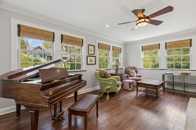 621 E Prospect Ave, Lake Bluff, IL 60044 - living area with plenty of natural light, ornamental molding, baseboards, wood finished floors, and a ceiling fan