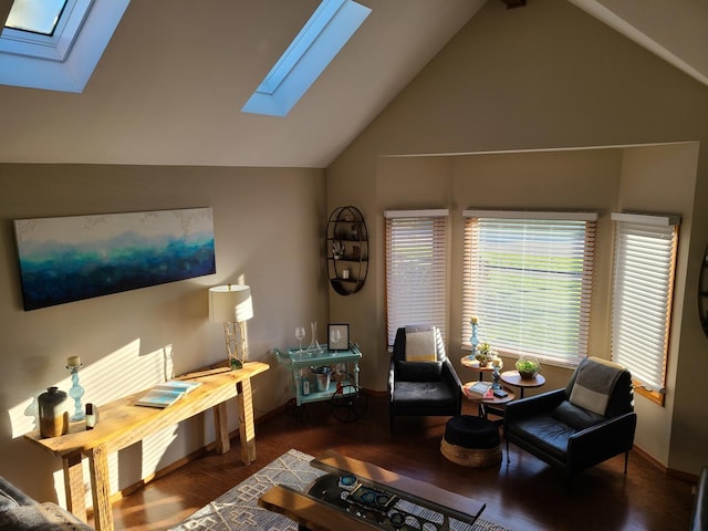 living room featuring dark wood-type flooring and lofted ceiling with skylight