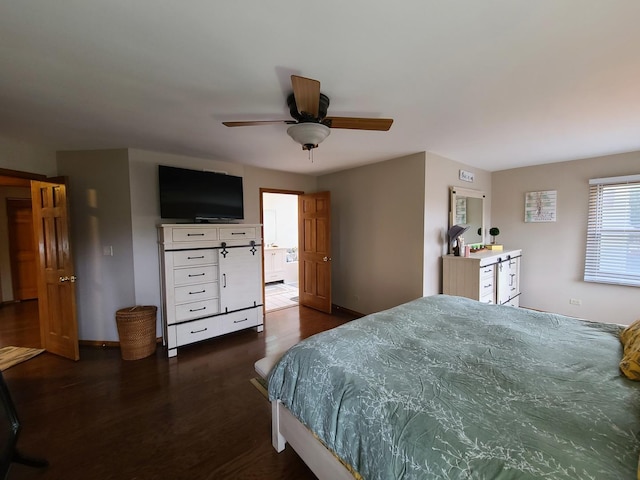 bedroom with dark wood-type flooring and ceiling fan