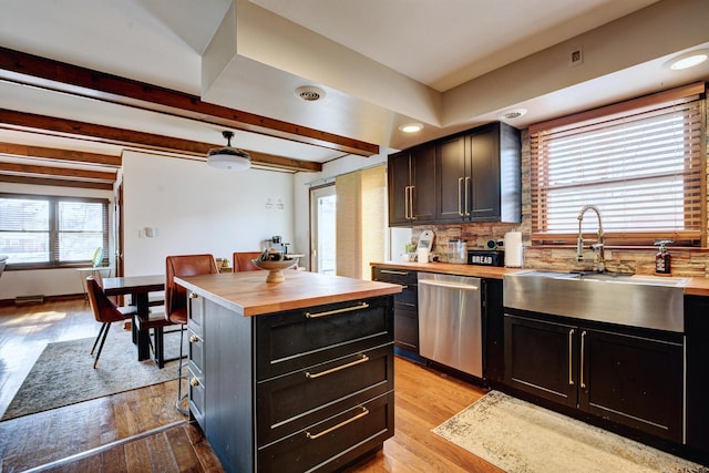 kitchen featuring sink, dishwasher, beam ceiling, a center island, and light hardwood / wood-style floors