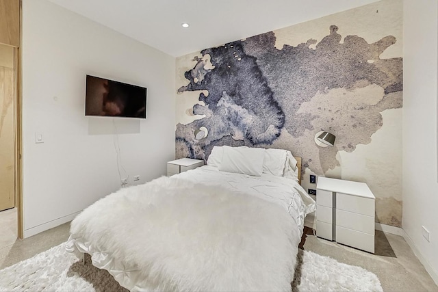 bedroom with carpet, recessed lighting, and baseboards