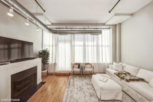 living area with light wood finished floors and a fireplace with flush hearth