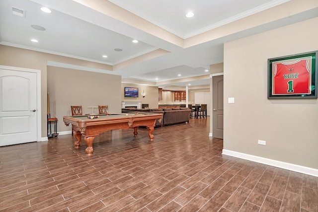 playroom with pool table and ornamental molding