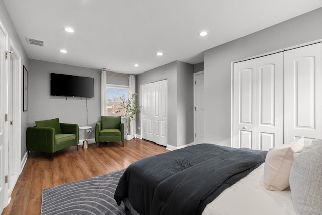 bedroom featuring wood-type flooring and multiple closets