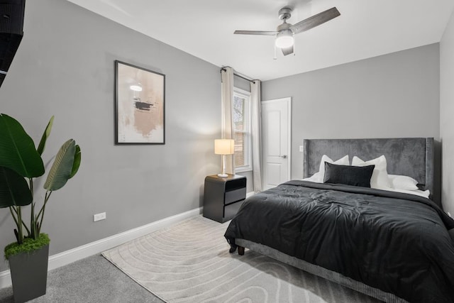 bedroom with ceiling fan and carpet