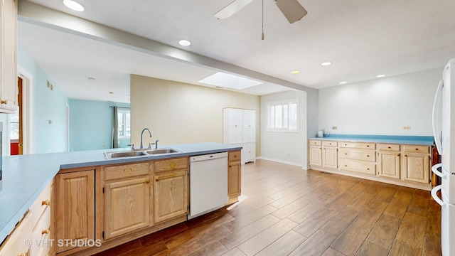 kitchen with a healthy amount of sunlight, white appliances, dark wood-style floors, and a sink