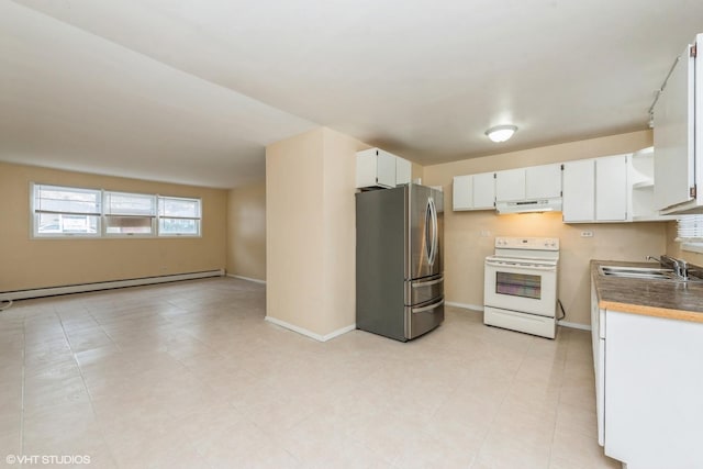 kitchen featuring white cabinets, white range with electric cooktop, stainless steel fridge, and a baseboard heating unit