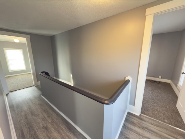 hall featuring dark hardwood / wood-style floors and a textured ceiling