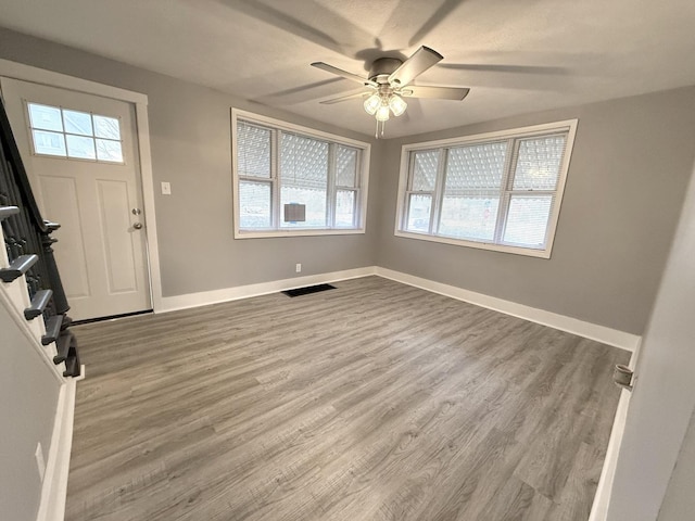 entrance foyer featuring ceiling fan, plenty of natural light, and light wood-type flooring