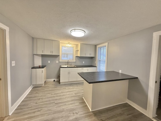 kitchen with sink, white cabinets, light hardwood / wood-style floors, and kitchen peninsula