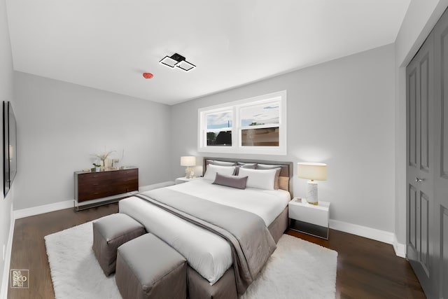 bedroom with dark hardwood / wood-style flooring and a closet