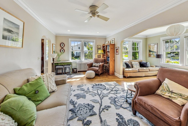 living room featuring crown molding, ceiling fan, radiator heating unit, and light hardwood / wood-style flooring