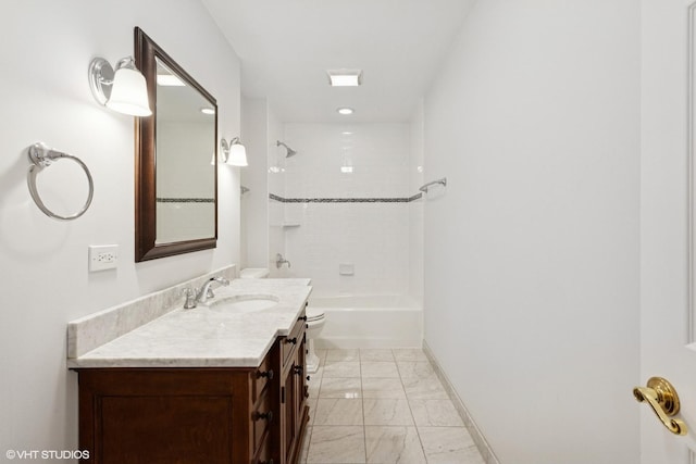 full bath featuring toilet, marble finish floor, baseboards, bathtub / shower combination, and vanity