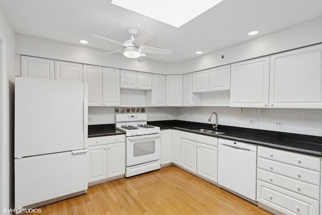 kitchen featuring white cabinetry, white appliances, open shelves, and a sink