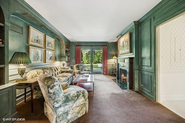 carpeted living room with french doors