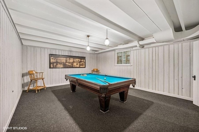 game room with beamed ceiling, billiards, and dark colored carpet