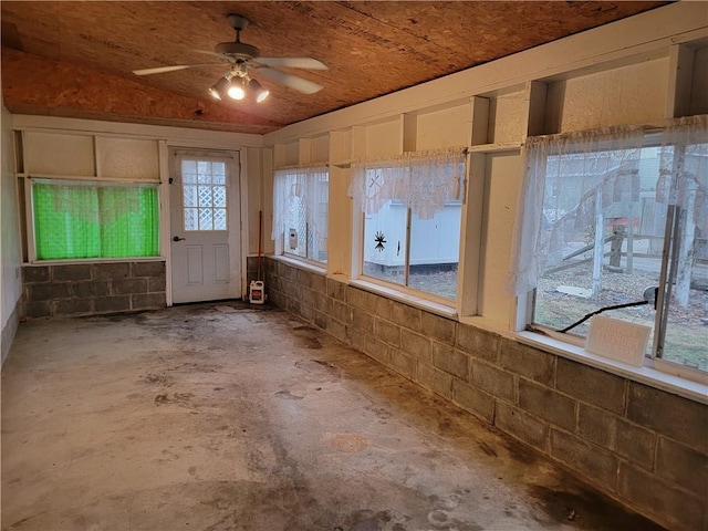 interior space with ceiling fan, concrete floors, and a wealth of natural light