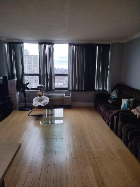 living room with ornamental molding and light hardwood / wood-style floors