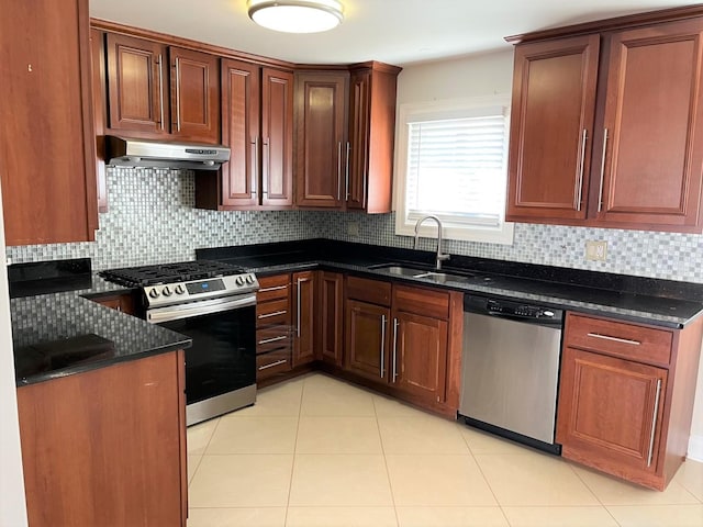 kitchen featuring dark stone countertops, sink, decorative backsplash, and stainless steel appliances