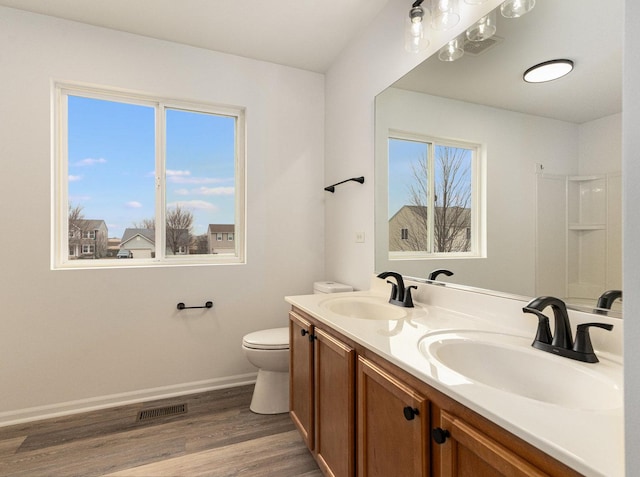 bathroom featuring vanity, toilet, and wood-type flooring