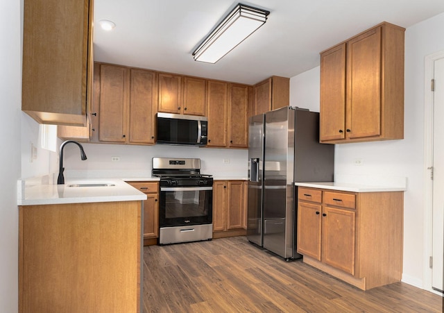 kitchen with appliances with stainless steel finishes, dark hardwood / wood-style floors, and sink