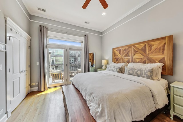 bedroom with access to exterior, crown molding, ceiling fan, and light wood-type flooring