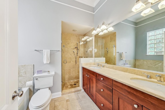 bathroom with walk in shower, ornamental molding, vanity, and toilet