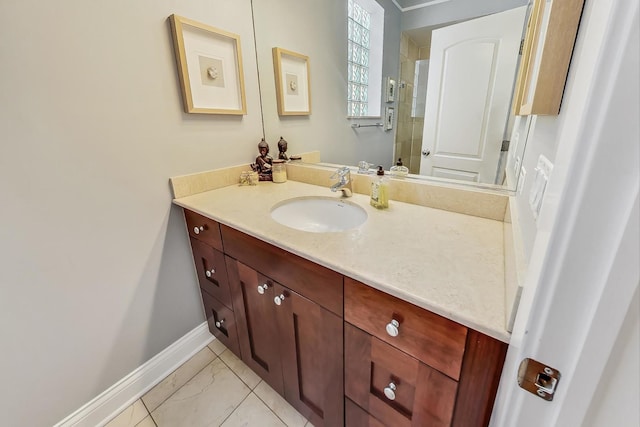 bathroom featuring vanity and a shower with shower door