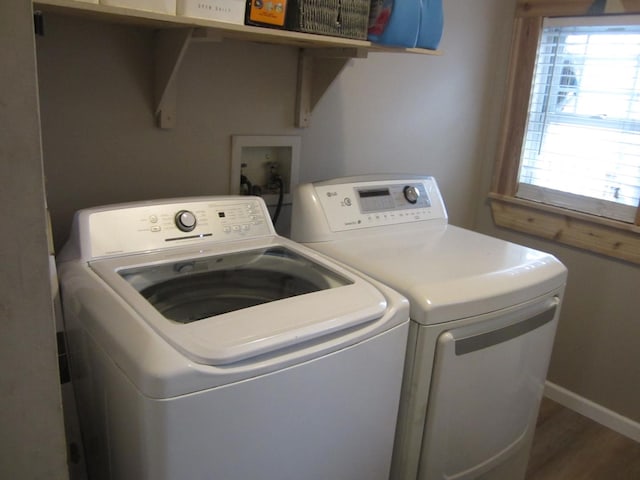 laundry room featuring washer and dryer and dark hardwood / wood-style floors