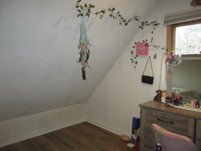 interior space with dark hardwood / wood-style flooring and vaulted ceiling