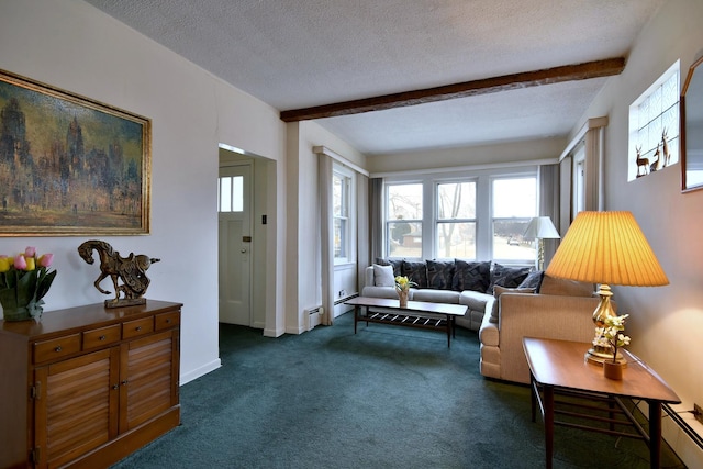 living room with beamed ceiling, dark colored carpet, a textured ceiling, and baseboard heating